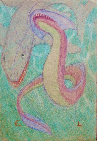 Dessin intitulée "Giant Eel and Mosas…" par Edwin Loftus, Œuvre d'art originale, Pastel Monté sur Autre panneau rigide