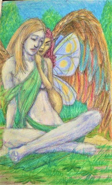 Drawing titled "Angel and Fairy" by Edwin Loftus, Original Artwork, Pastel Mounted on Other rigid panel