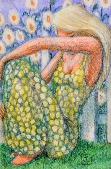 Dibujo titulada "Woman with Daisies" por Edwin Loftus, Obra de arte original, Pastel Montado en Otro panel rígido