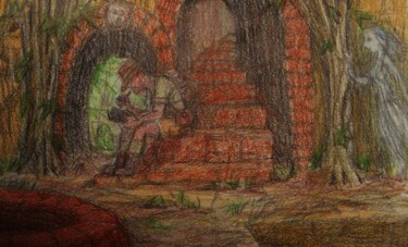 Tekening getiteld "The Haunted Ruin" door Edwin Loftus, Origineel Kunstwerk, Pastel Gemonteerd op Andere stijve panelen