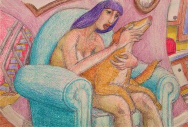 Desenho intitulada "Woman with her Dog…" por Edwin Loftus, Obras de arte originais, Pastel Montado em Outro painel rígido