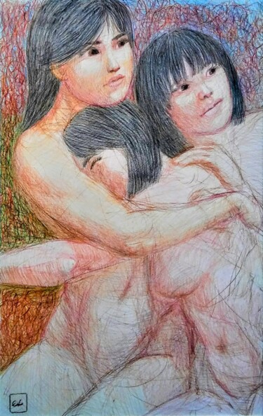 Рисунок под названием "Comforters" - Edwin Loftus, Подлинное произведение искусства, Пастель Установлен на Другая жесткая па…