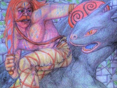 Tekening getiteld "Fighting Dragons" door Edwin Loftus, Origineel Kunstwerk, Pastel Gemonteerd op Andere stijve panelen