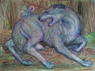 Dessin intitulée "Pixies and the Wolf" par Edwin Loftus, Œuvre d'art originale, Pastel Monté sur Autre panneau rigide