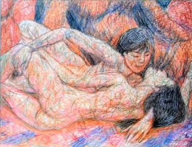 Dibujo titulada "Lovers 87" por Edwin Loftus, Obra de arte original, Pastel Montado en Otro panel rígido