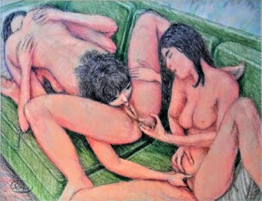 Drawing titled "Threesome on a Gree…" by Edwin Loftus, Original Artwork, Pastel Mounted on Other rigid panel