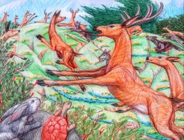 Tekening getiteld "Revenge of the Deer…" door Edwin Loftus, Origineel Kunstwerk, Pastel Gemonteerd op Andere stijve panelen