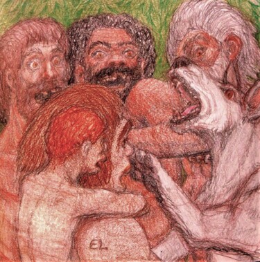 Disegno intitolato "The Wolf God and th…" da Edwin Loftus, Opera d'arte originale, Pastello Montato su Vetro