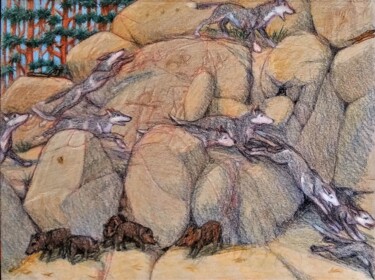 Dibujo titulada "Peccaries and Wolves" por Edwin Loftus, Obra de arte original, Pastel Montado en Otro panel rígido