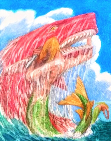 Tekening getiteld "Merman and the Sea…" door Edwin Loftus, Origineel Kunstwerk, Pastel Gemonteerd op Andere stijve panelen