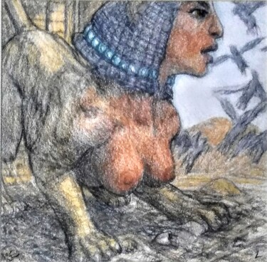 Рисунок под названием "The Sphinx" - Edwin Loftus, Подлинное произведение искусства, Пастель Установлен на Другая жесткая па…