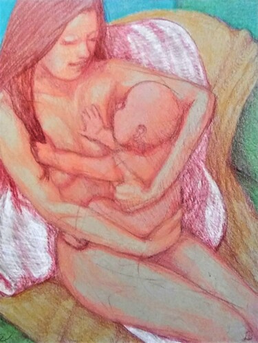 제목이 "Motherhood"인 그림 Edwin Loftus로, 원작, 파스텔 기타 단단한 패널에 장착됨