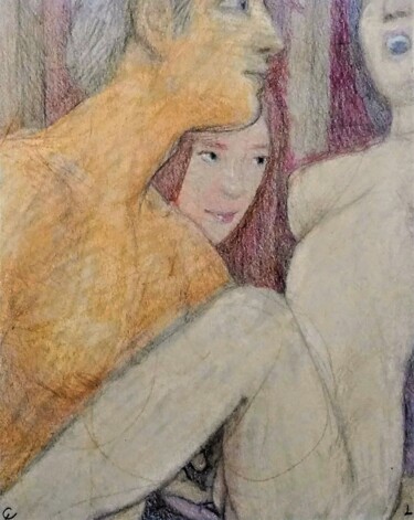 Dessin intitulée "In the Sauna on 'D'…" par Edwin Loftus, Œuvre d'art originale, Pastel Monté sur Autre panneau rigide