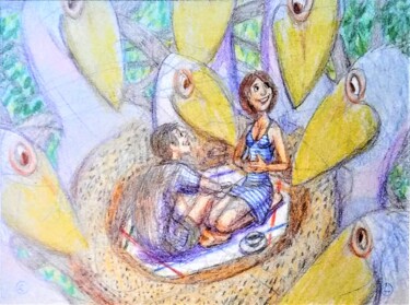 Drawing titled "Picnic in the Wild" by Edwin Loftus, Original Artwork, Pastel Mounted on Other rigid panel