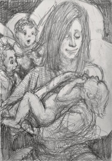 Dessin intitulée "Mother and Child 4" par Edwin Loftus, Œuvre d'art originale, Crayon Monté sur Autre panneau rigide