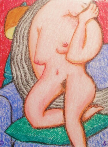 Disegno intitolato "Nude on a Blue Couc…" da Edwin Loftus, Opera d'arte originale, Pastello Montato su Altro pannello rigido