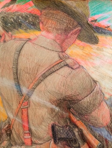 Tekening getiteld "The Warrior" door Edwin Loftus, Origineel Kunstwerk, Pastel Gemonteerd op Andere stijve panelen