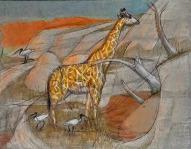 Drawing titled "At the Waterhole du…" by Edwin Loftus, Original Artwork, Pastel Mounted on Other rigid panel