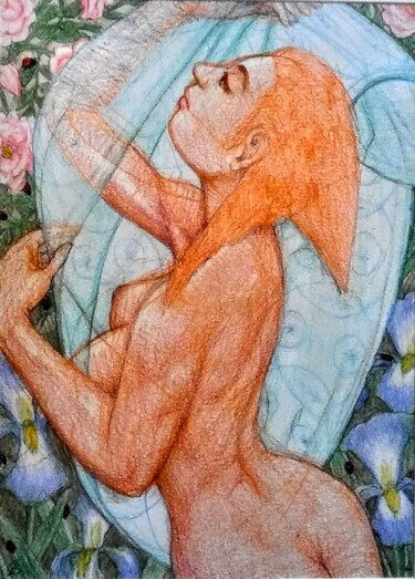 Drawing titled "Nude with Flowers 2" by Edwin Loftus, Original Artwork, Pastel Mounted on Other rigid panel