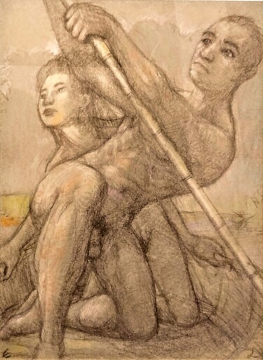 Disegno intitolato "Escape by Boat" da Edwin Loftus, Opera d'arte originale, Matita Montato su Altro pannello rigido