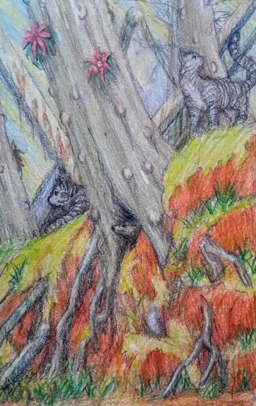 Drawing titled "Cats hunt in the Ru…" by Edwin Loftus, Original Artwork, Pastel Mounted on Other rigid panel