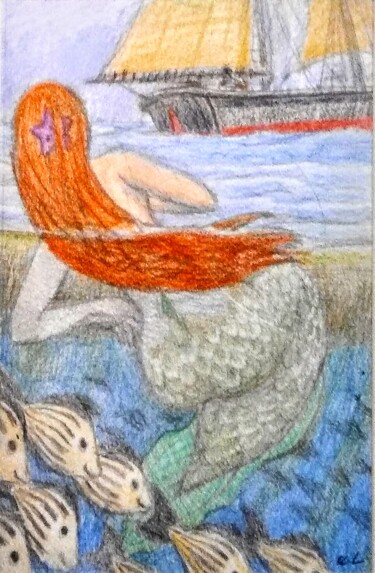 「The Little Mermaid」というタイトルの描画 Edwin Loftusによって, オリジナルのアートワーク, パステル その他の剛性パネルにマウント