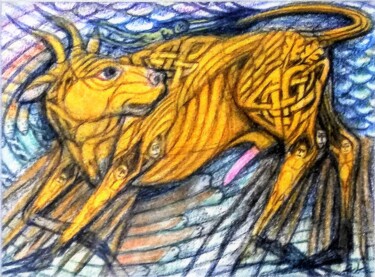 Zeichnungen mit dem Titel "A Celtic Bull" von Edwin Loftus, Original-Kunstwerk, Pastell Auf Andere starre Platte montiert