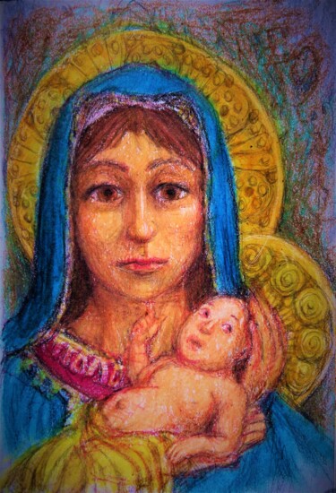 Tekening getiteld "Virgin and Child" door Edwin Loftus, Origineel Kunstwerk, Pastel Gemonteerd op Andere stijve panelen