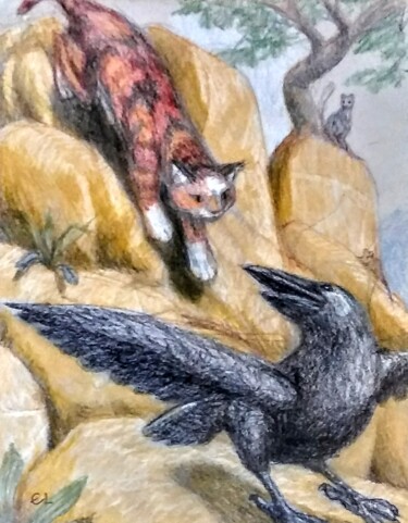 Drawing titled "The Cat and the Crow" by Edwin Loftus, Original Artwork, Pastel Mounted on Other rigid panel