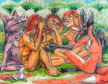 Рисунок под названием "Fox and Pig tease t…" - Edwin Loftus, Подлинное произведение искусства, Пастель Установлен на Другая…