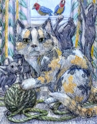Dibujo titulada "The Cat is a Curiou…" por Edwin Loftus, Obra de arte original, Pastel Montado en Otro panel rígido