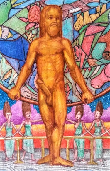 Tekening getiteld "Homo Erectus" door Edwin Loftus, Origineel Kunstwerk, Pastel Gemonteerd op Andere stijve panelen