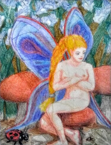 Dibujo titulada "Resting Fairy" por Edwin Loftus, Obra de arte original, Pastel Montado en Otro panel rígido