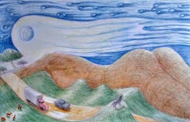 Dessin intitulée "Hill Country in Moo…" par Edwin Loftus, Œuvre d'art originale, Pastel Monté sur Autre panneau rigide