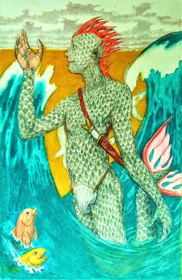 Dibujo titulada "The Merman" por Edwin Loftus, Obra de arte original, Pastel Montado en Otro panel rígido