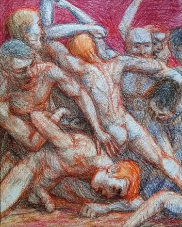 Desenho intitulada "Battling Men 2" por Edwin Loftus, Obras de arte originais, Pastel