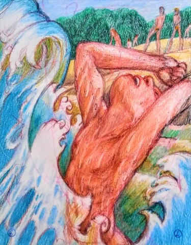 Рисунок под названием "Man in the Waves 2" - Edwin Loftus, Подлинное произведение искусства, Пастель
