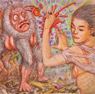 Disegno intitolato "Fighting Monsters" da Edwin Loftus, Opera d'arte originale, Pastello