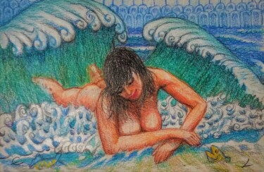 Рисунок под названием "Flotsam in the Surf" - Edwin Loftus, Подлинное произведение искусства, Пастель
