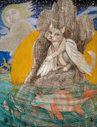 Dibujo titulada "Cat Spirits" por Edwin Loftus, Obra de arte original, Pastel