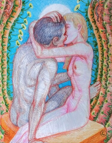 Tekening getiteld "Kissing" door Edwin Loftus, Origineel Kunstwerk, Pastel