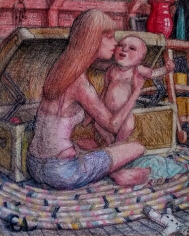 Desenho intitulada "Mother and Child 5" por Edwin Loftus, Obras de arte originais, Pastel