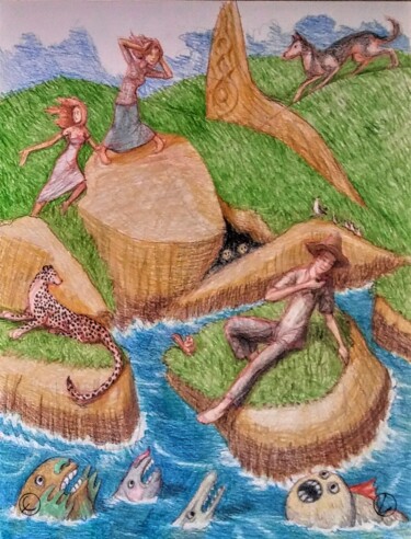 Tekening getiteld "Lakeside Fantasy" door Edwin Loftus, Origineel Kunstwerk, Pastel