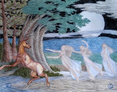 Desenho intitulada "The Stag and Spirits" por Edwin Loftus, Obras de arte originais, Pastel
