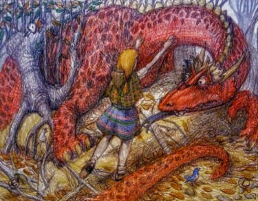 Zeichnungen mit dem Titel "Anna and the Dragon" von Edwin Loftus, Original-Kunstwerk, Pastell