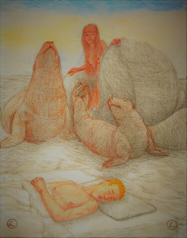 Dibujo titulada "Selkie" por Edwin Loftus, Obra de arte original, Pastel