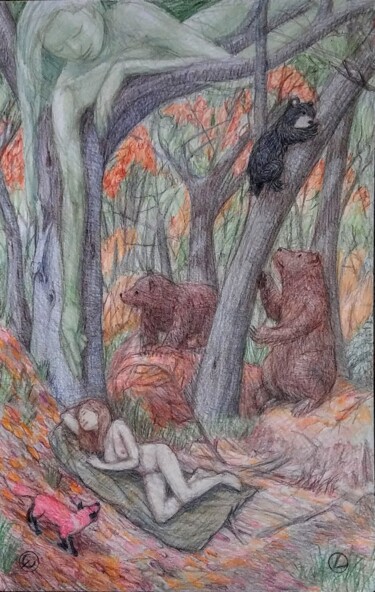Dessin intitulée "The Forest Woman" par Edwin Loftus, Œuvre d'art originale, Pastel