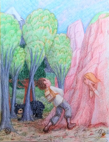Disegno intitolato "The Cliff Girl Fall…" da Edwin Loftus, Opera d'arte originale, Pastello