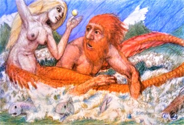 Rysunek zatytułowany „Catching a Mermaid” autorstwa Edwin Loftus, Oryginalna praca, Pastel