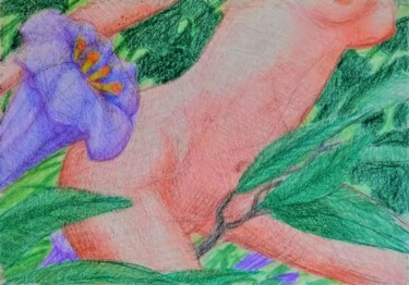 Rysunek zatytułowany „Nude in the Garden” autorstwa Edwin Loftus, Oryginalna praca, Pastel